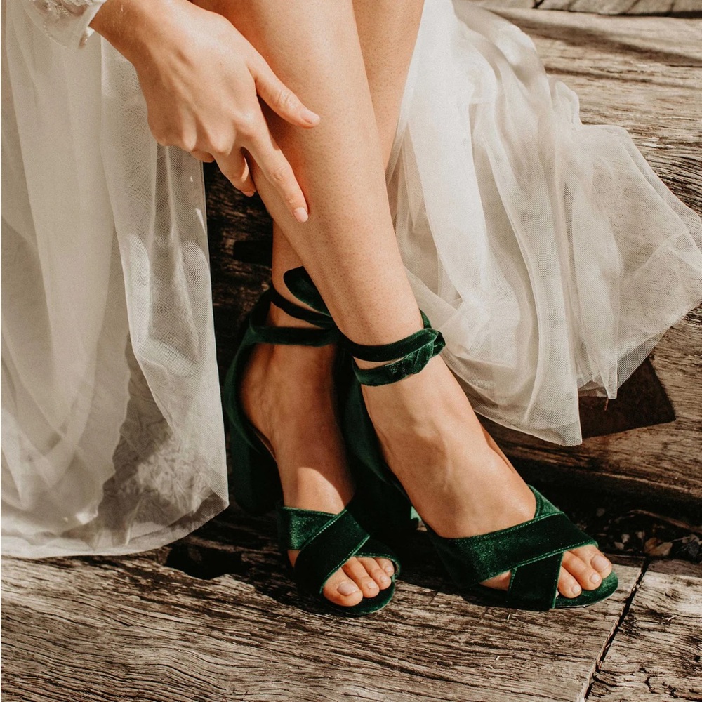 Forever Soles Green Emerald Velvet Shoes - Low Block Heel
